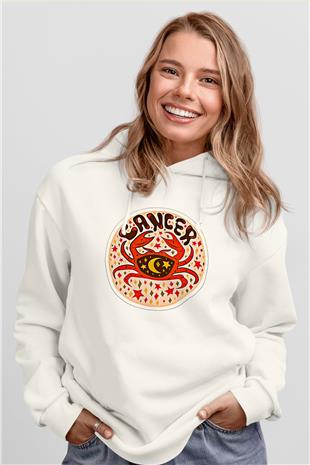 Yengeç Burcu Baskılı Beyaz Unisex Hoodie