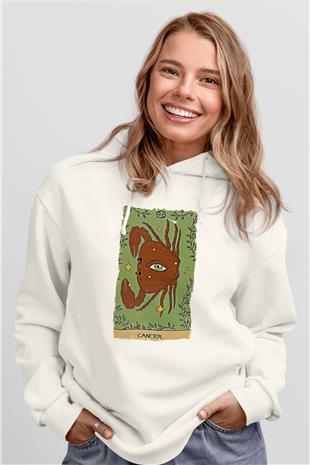 Yengeç Burcu Baskılı Beyaz Unisex Hoodie