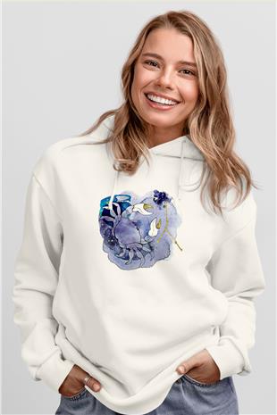 Yengeç Burcu Baskılı Beyaz Unisex Hoodie