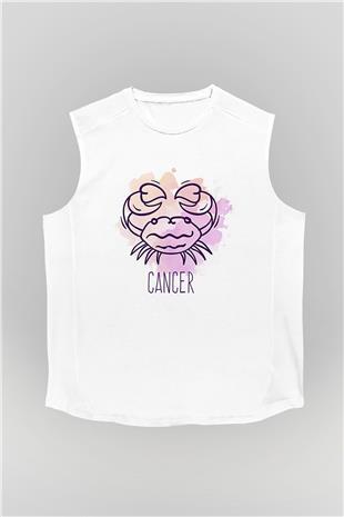 Yengeç Burcu Baskılı Beyaz Unisex Kolsuz Tişört - Tshirt
