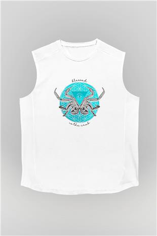 Yengeç Burcu Baskılı Beyaz Unisex Kolsuz Tişört - Tshirt