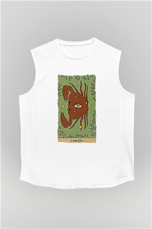 Yengeç Burcu Baskılı Beyaz Unisex Kolsuz Tişört - Tshirt
