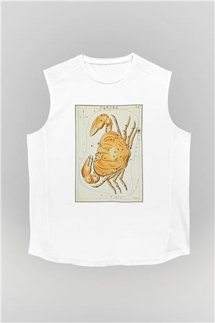 Yengeç Burcu Baskılı Beyaz Unisex Kolsuz Tişört - Tshirt