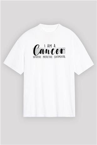 Yengeç Burcu Baskılı Beyaz Unisex Oversize Tişört - Tshirt