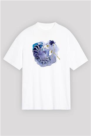 Yengeç Burcu Baskılı Beyaz Unisex Oversize Tişört - Tshirt