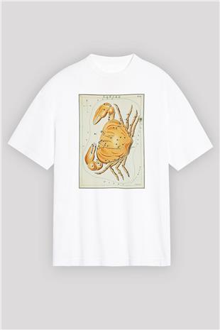 Yengeç Burcu Baskılı Beyaz Unisex Oversize Tişört - Tshirt