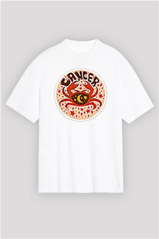 Yengeç Burcu Baskılı Beyaz Unisex Oversize Tişört - Tshirt