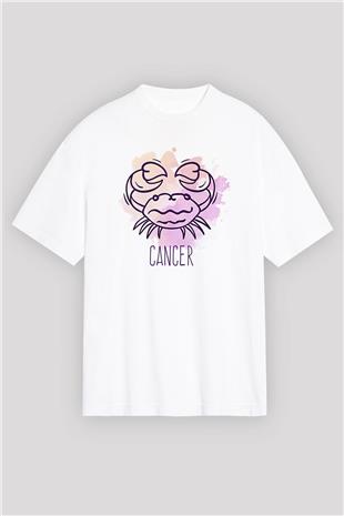 Yengeç Burcu Baskılı Beyaz Unisex Oversize Tişört - Tshirt