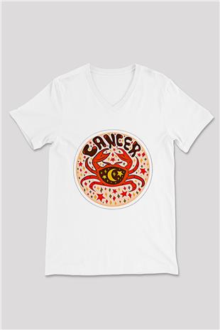Yengeç Burcu Baskılı Beyaz Unisex V Yaka Tişört - Tshirt
