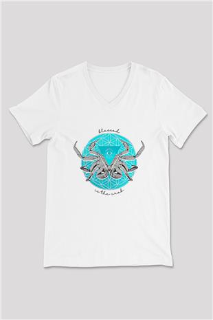 Yengeç Burcu Baskılı Beyaz Unisex V Yaka Tişört - Tshirt