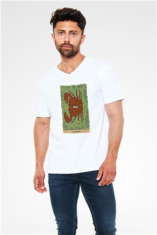 Yengeç Burcu Baskılı Beyaz Unisex V Yaka Tişört - Tshirt