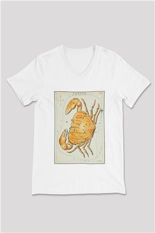 Yengeç Burcu Baskılı Beyaz Unisex V Yaka Tişört - Tshirt