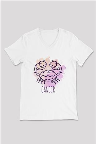 Yengeç Burcu Baskılı Beyaz Unisex V Yaka Tişört - Tshirt