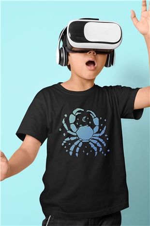 Yengeç Burcu Baskılı Unisex Siyah Çocuk Tişört - Tshirt