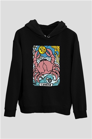 Yengeç Burcu Baskılı Unisex Siyah Hoodie