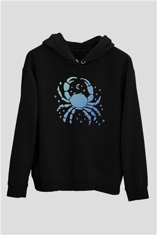 Yengeç Burcu Baskılı Unisex Siyah Hoodie