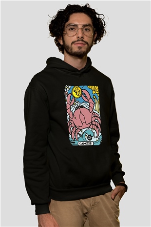 Yengeç Burcu Baskılı Unisex Siyah Hoodie