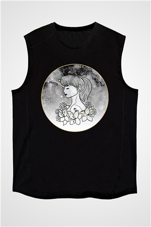 Yengeç Burcu Baskılı Unisex Siyah Kolsuz Tişört - Tshirt