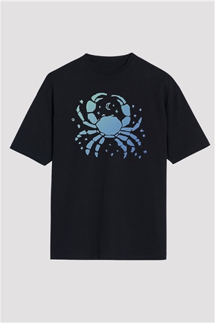 Yengeç Burcu Baskılı Unisex Siyah Oversize Tişört - Tshirt