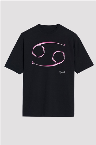 Yengeç Burcu Baskılı Unisex Siyah Oversize Tişört - Tshirt
