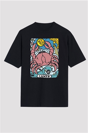 Yengeç Burcu Baskılı Unisex Siyah Oversize Tişört - Tshirt