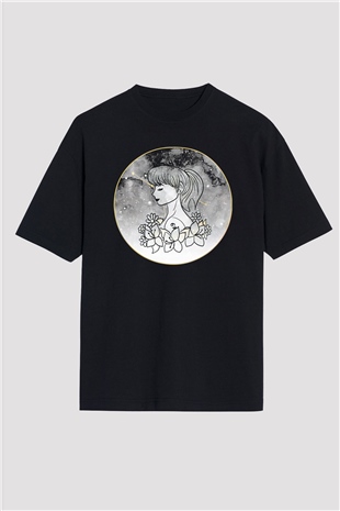 Yengeç Burcu Baskılı Unisex Siyah Oversize Tişört - Tshirt