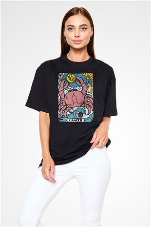 Yengeç Burcu Baskılı Unisex Siyah Oversize Tişört - Tshirt