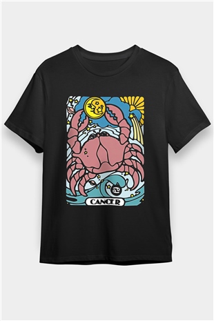 Yengeç Burcu Baskılı Unisex Siyah Tişört - Tshirt