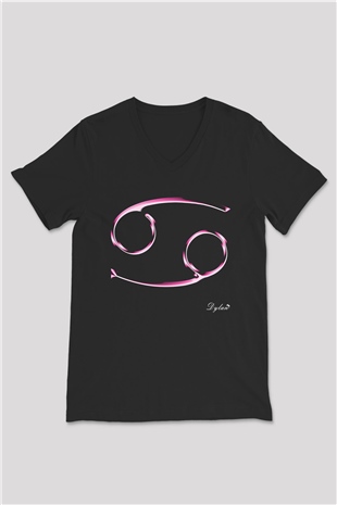 Yengeç Burcu Baskılı Unisex Siyah V Yaka Tişört - Tshirt