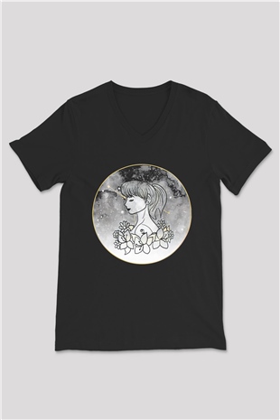 Yengeç Burcu Baskılı Unisex Siyah V Yaka Tişört - Tshirt