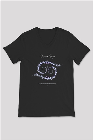 Yengeç Burcu Baskılı Unisex Siyah V Yaka Tişört - Tshirt