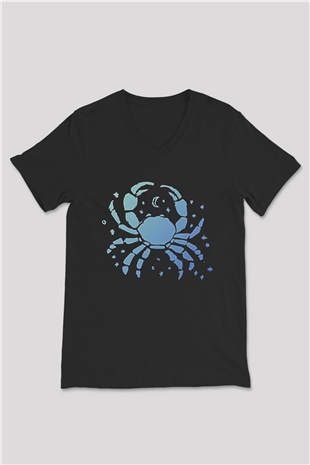 Yengeç Burcu Baskılı Unisex Siyah V Yaka Tişört - Tshirt