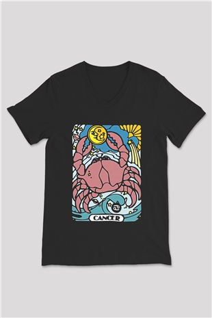 Yengeç Burcu Baskılı Unisex Siyah V Yaka Tişört - Tshirt