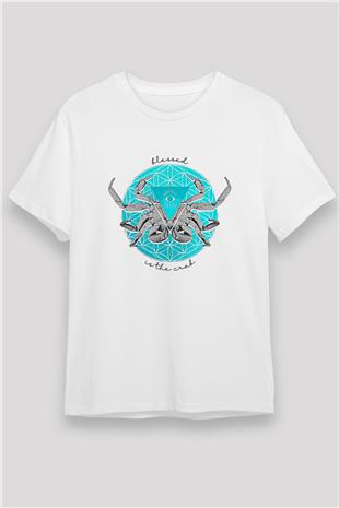 Yengeç Burcu Unisex Baskılı Beyaz Tişört - Tshirt