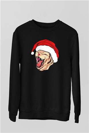 Yeni Yıl Kedi Baskılı Unisex Siyah  Sweatshirt