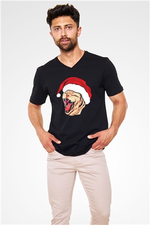 Yeni Yıl Kedi Baskılı Unisex Siyah  V Yaka Tişört