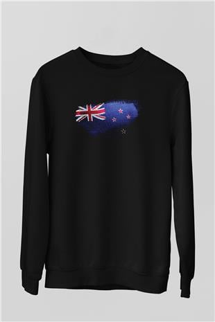 Yeni Zelanda - New Zealand Bayrağı Baskılı Unisex Siyah Sweatshirt
