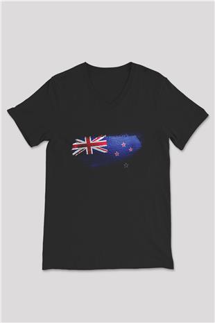 Yeni Zelanda - New Zealand Bayrağı Baskılı Unisex Siyah V Yaka Tişört