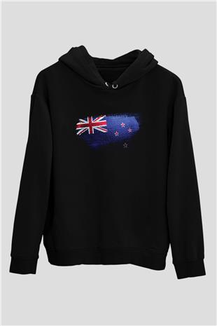 Yeni Zelanda - New Zealand Bayrağı Baskılı Unisex Siyah Kapüşonlu Sweatshirt