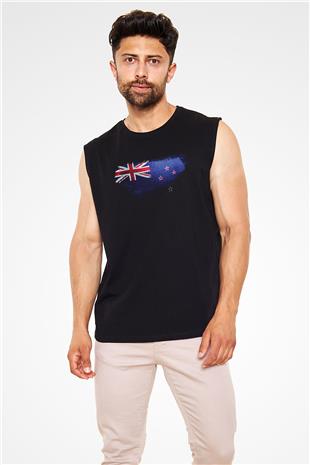 Yeni Zelanda - New Zealand Bayrağı Baskılı Unisex Siyah Kolsuz Tişört