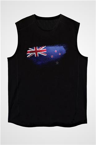 Yeni Zelanda - New Zealand Bayrağı Baskılı Unisex Siyah Kolsuz Tişört
