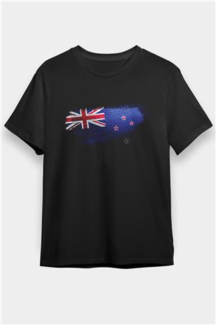 Yeni Zelanda - New Zealand Bayrağı Baskılı Unisex Siyah Tişört