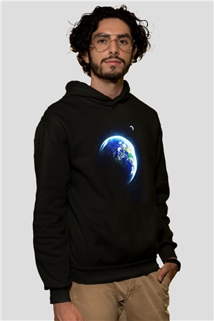 Yer yüzü Siyah Unisex Kapüşonlu Sweatshirt