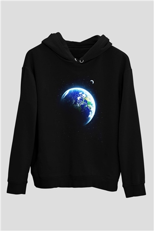 Yer yüzü Siyah Unisex Kapüşonlu Sweatshirt