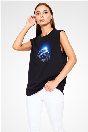 Yer yüzü Siyah Unisex Kolsuz Tişört