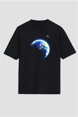Yer yüzü Siyah Unisex Oversize Tişört T-Shirt