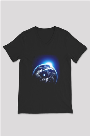 Yer yüzü Siyah Unisex V Yaka Tişört