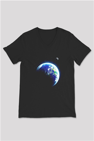 Yer yüzü Siyah Unisex V Yaka Tişört T-Shirt