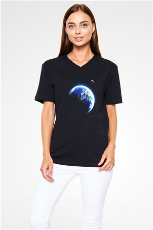 Yer yüzü Siyah Unisex V Yaka Tişört T-Shirt