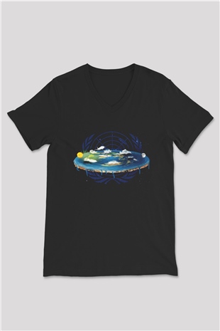 Yer yüzü Siyah Unisex V Yaka Tişört T-Shirt